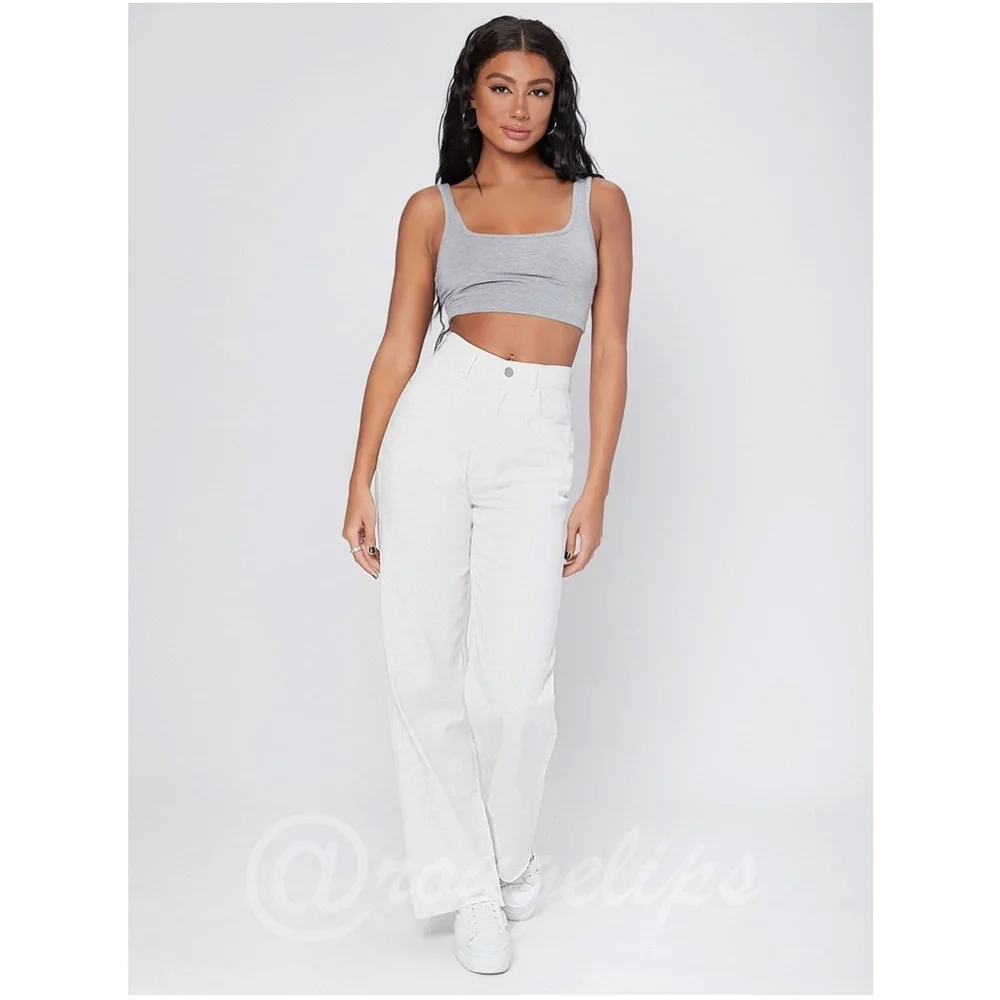 90s Style White Wide Leg Jeans High Waist Raw Hem - Picture 3 of 15